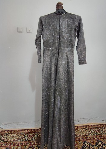 Uzun Kollu Gri Simli Abiye Elbise - Görsel 3