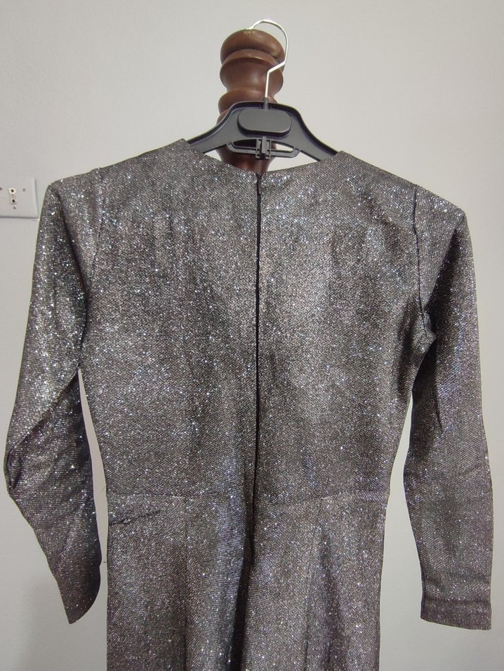 Uzun Kollu Gri Simli Abiye Elbise - Görsel 5