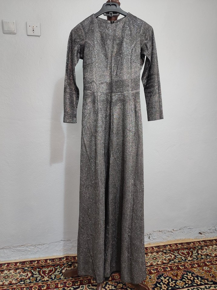 Uzun Kollu Gri Simli Abiye Elbise - Görsel 2