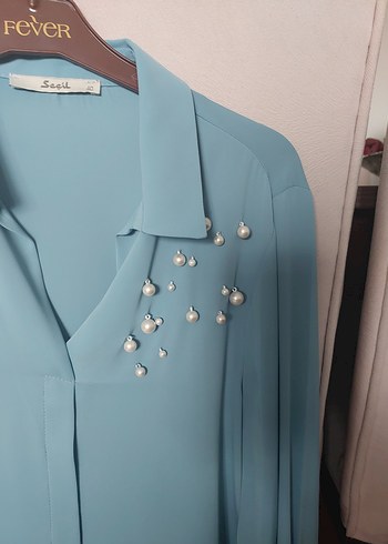 Mavi Saten Uzun Kollu Kadın Gömlek - Görsel 3