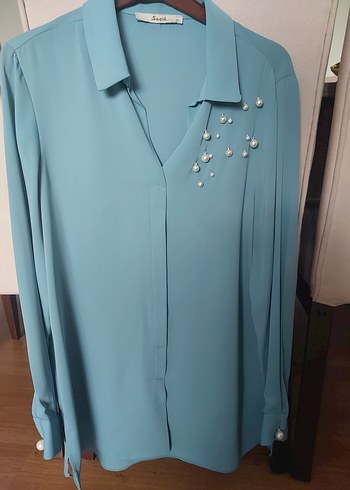 Mavi Saten Uzun Kollu Kadın Gömlek - Görsel 2