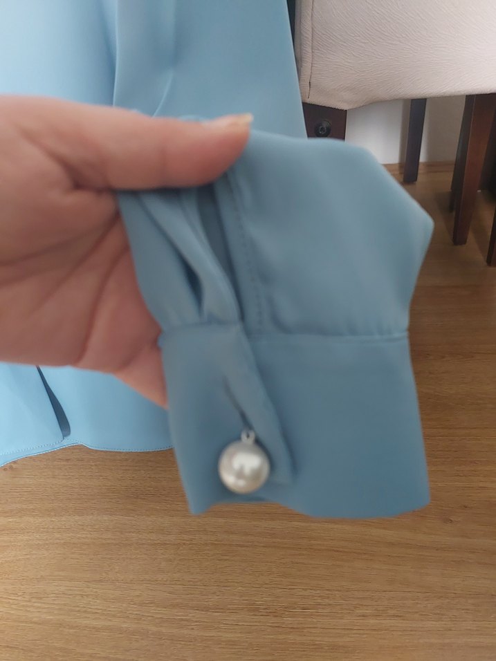 Mavi Saten Uzun Kollu Kadın Gömlek - Görsel 4