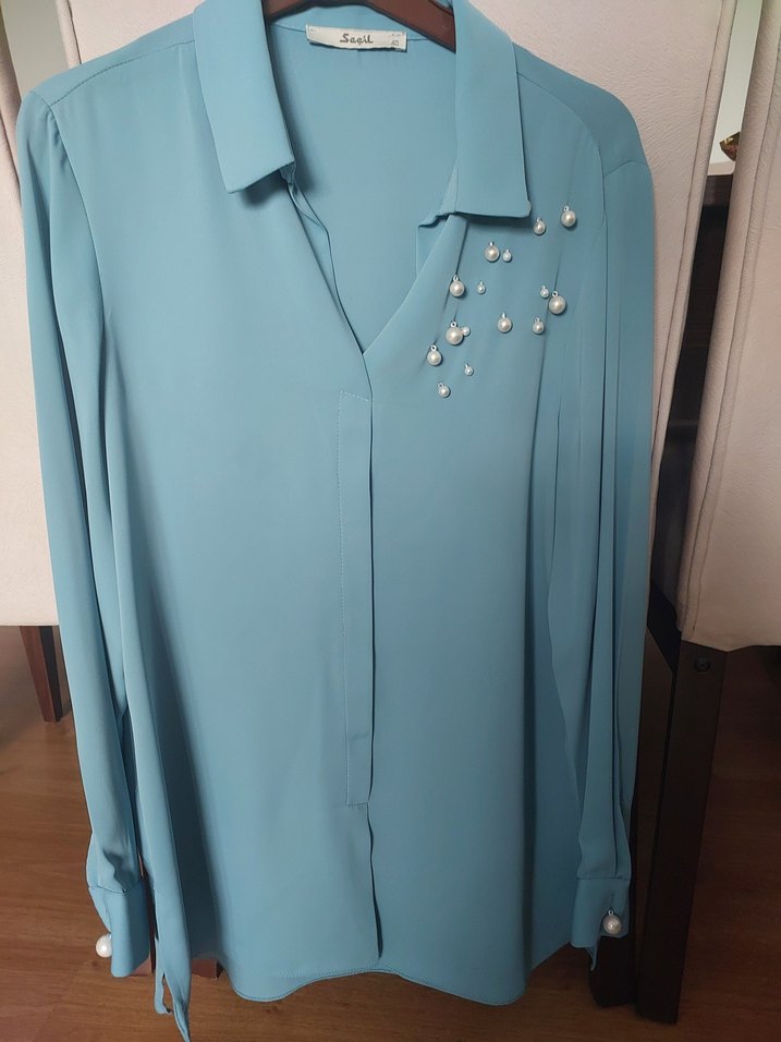 Mavi Saten Uzun Kollu Kadın Gömlek - Görsel 2