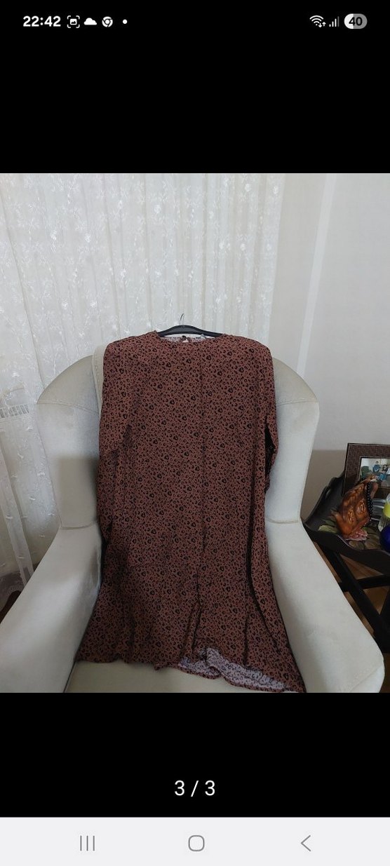 Düğmeli Kahverengi Bağlama Desenli Uzun Elbise - Görsel 3