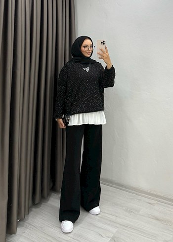 38 Beden Siyah Puantiyeli Kadın Sweatshirt