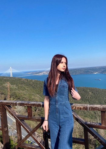 Kadın Lacivert Kısa Kollu Uzun Denim tulum - Görsel 2