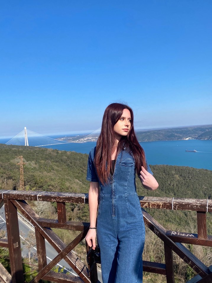 Kadın Lacivert Kısa Kollu Uzun Denim tulum - Görsel 2