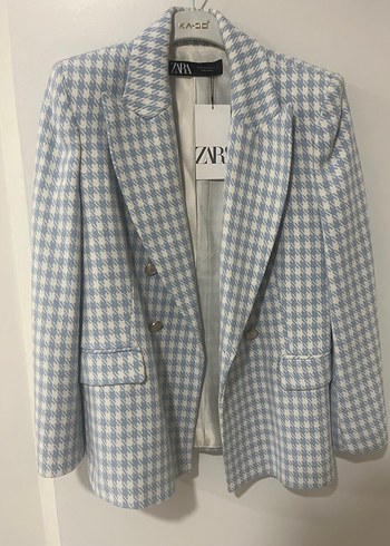 Mavi Ekose Desenli Düğmeli Kadın Blazer