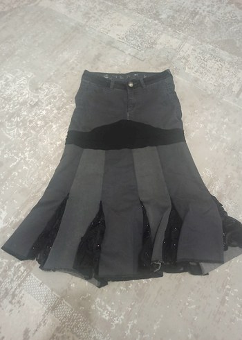 m Beden gri Renk Gri Uzun Pileli Denim Etek