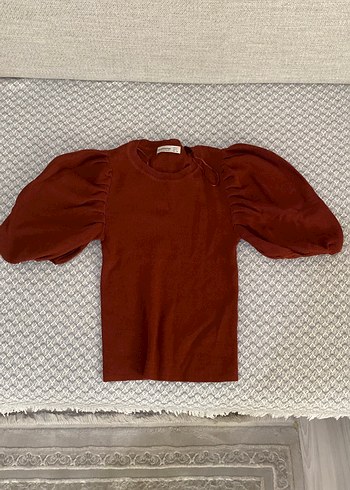 Kahverengi Kısa Kollu Triko Bluz - Görsel 2