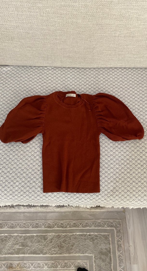 Kahverengi Kısa Kollu Triko Bluz - Görsel 2