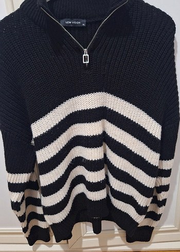 Kadın Gri Çizgili Yarım Fermuarlı Triko Kazak - Görsel 3