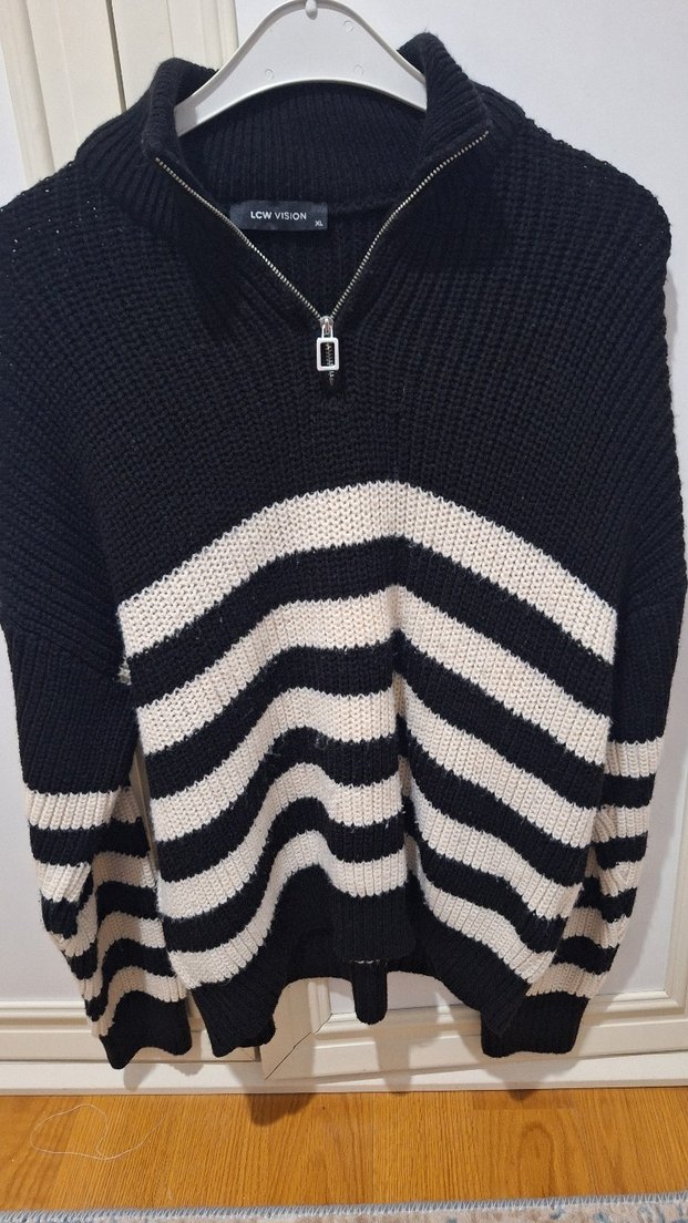 Kadın Gri Çizgili Yarım Fermuarlı Triko Kazak - Görsel 3