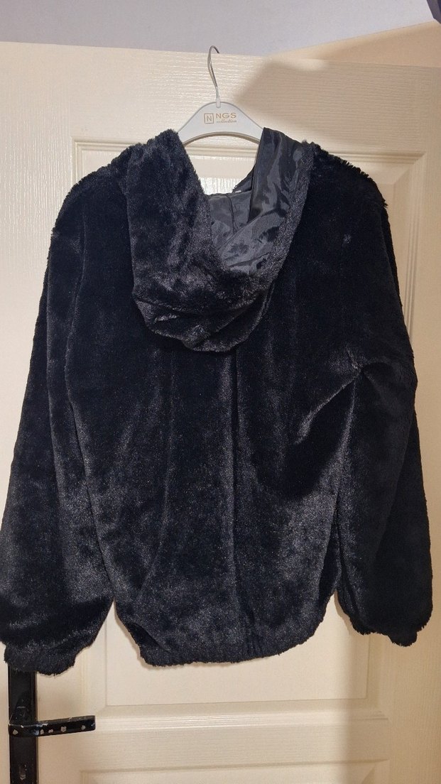Siyah Peluş Kadın Kapüşonlu Ceket - Görsel 4