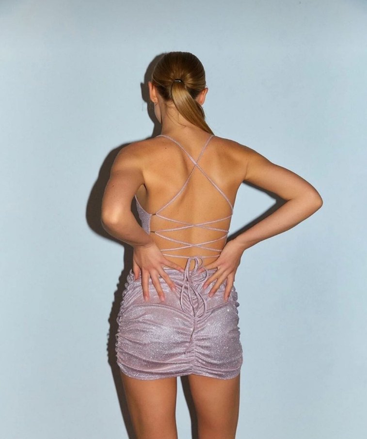 Simli Sırt Dekolteli Mini Elbise - Görsel 2