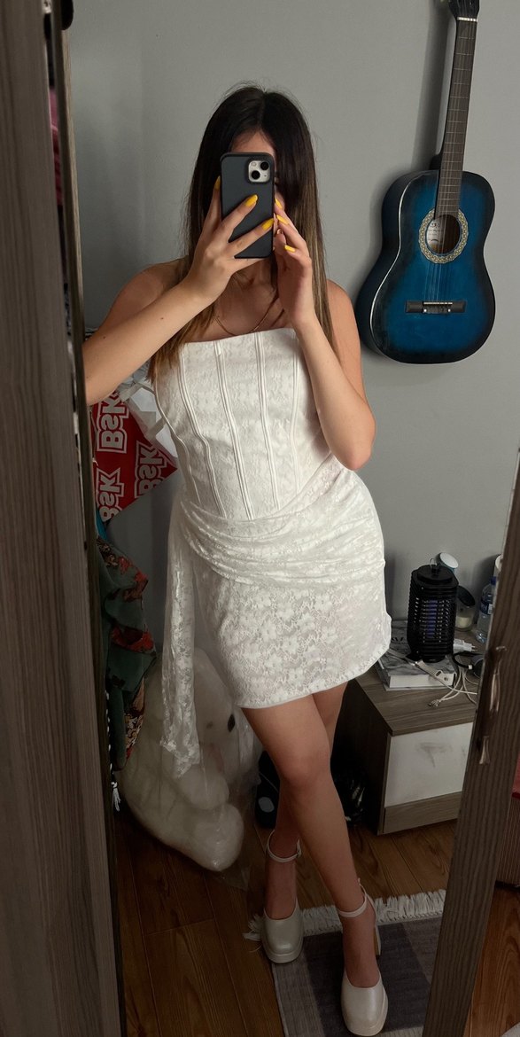 Beyaz Straplez Midi Mini Elbise - Görsel 2