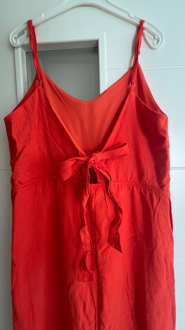 Kırmızı Düğmeli Keten Midi Elbise - Görsel 2