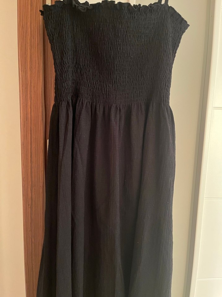 Siyah Uzun Straplez Fırfırlı Gotik Elbise - Görsel 2