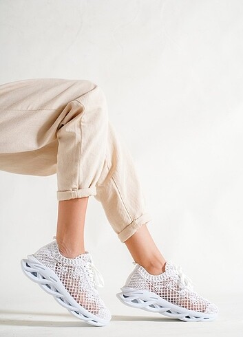 40 Beden beyaz Renk ÖRGÜ/DANTEL BEYAZ DESENLİ SNEAKER SPOR AYAKKABI