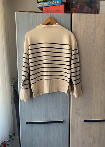 Çizgili Beyaz Kadın Triko Kazak - Görsel 6