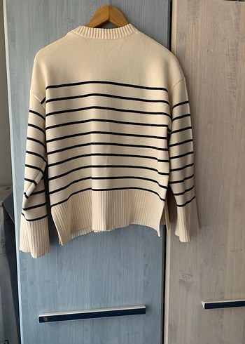 Çizgili Beyaz Kadın Triko Kazak - Görsel 8