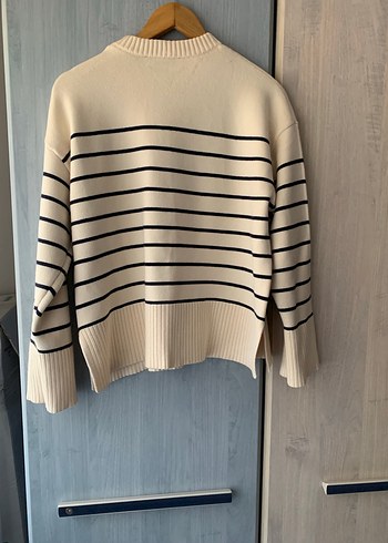 Çizgili Beyaz Kadın Triko Kazak - Görsel 7