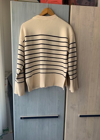 Çizgili Beyaz Kadın Triko Kazak - Görsel 10