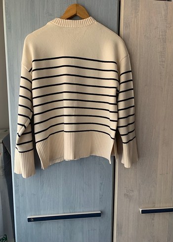 Çizgili Beyaz Kadın Triko Kazak - Görsel 9