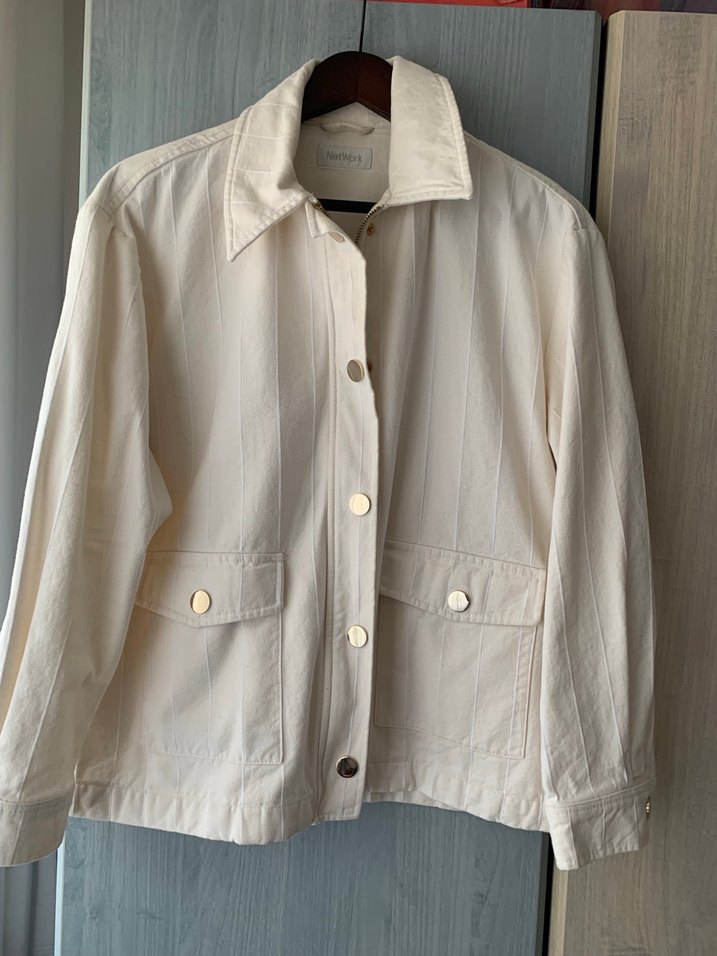 Düğmeli Beyaz Keten Midi Kadın Ceket - Görsel 2