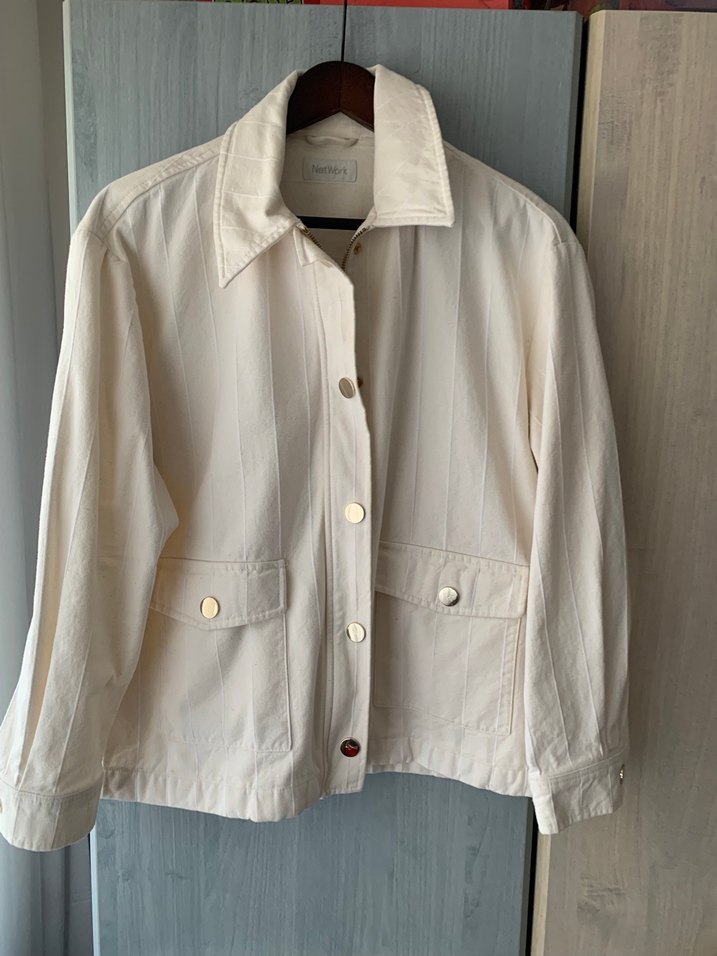 Düğmeli Beyaz Keten Midi Kadın Ceket - Görsel 3