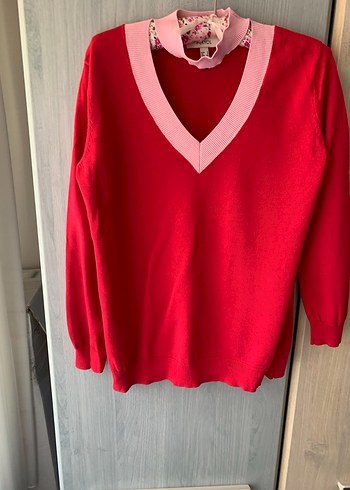 Kırmızı V Yaka Kadın Triko Kazak - Görsel 5