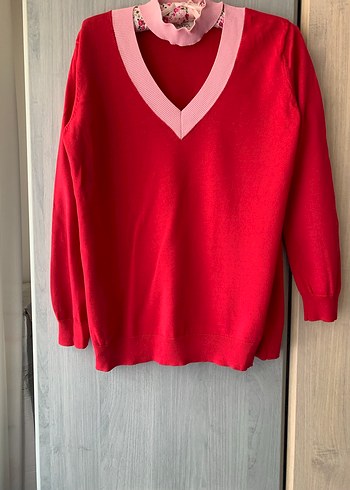 Kırmızı V Yaka Kadın Triko Kazak - Görsel 8