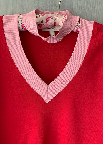 Kırmızı V Yaka Kadın Triko Kazak - Görsel 4