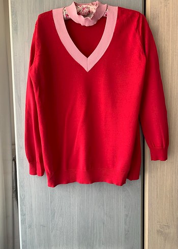 Kırmızı V Yaka Kadın Triko Kazak - Görsel 9