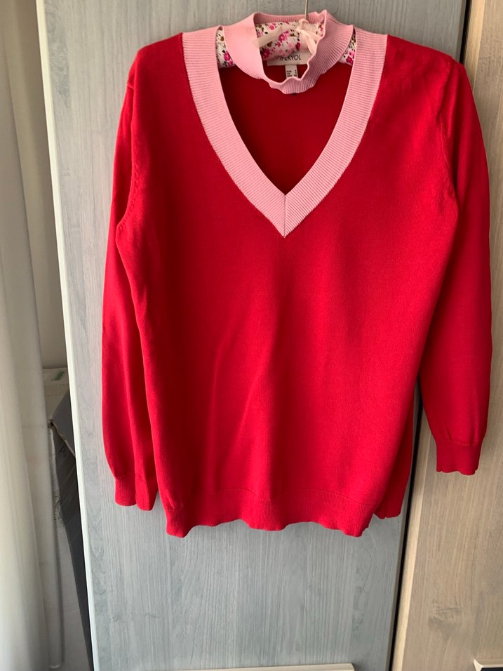 Kırmızı V Yaka Kadın Triko Kazak - Görsel 5