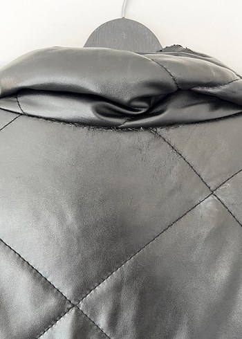 Düğmeli Siyah Deri Kadın mont - Görsel 4