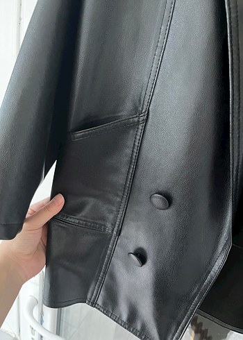 Düğmeli Siyah Deri Kadın Ceket - Görsel 7