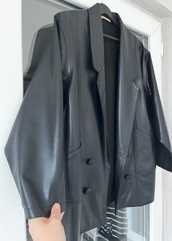 Düğmeli Siyah Deri Kadın Ceket - Görsel 3