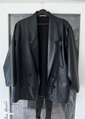 Düğmeli Siyah Deri Kadın Ceket - Görsel 2