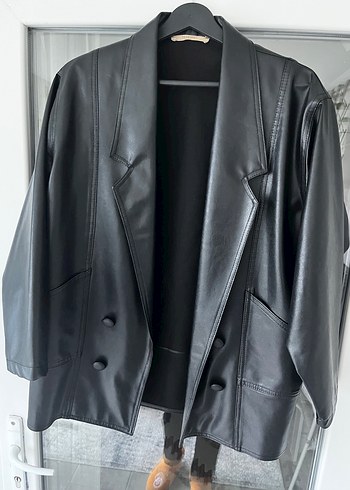 Düğmeli Siyah Deri Kadın Ceket - Görsel 5