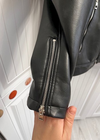 Siyah Deri Biker Ceket - Görsel 9