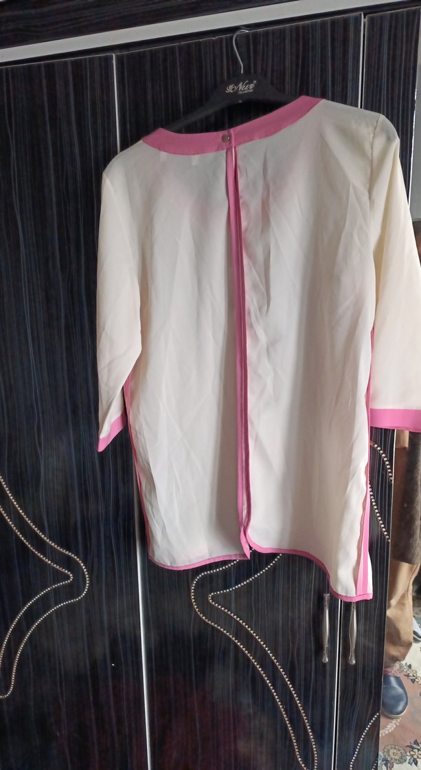 düz  Beyaz Kadın Bluz, Uzun Kollu, Salaş Kesim - Görsel 2