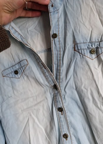 Düğmeli yarım Kollu Denim Gömlek - Görsel 3