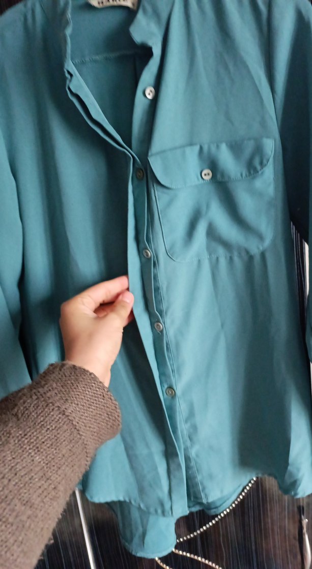 Turkuaz Düğmeli Salaş Kadın Gömlek - Görsel 2