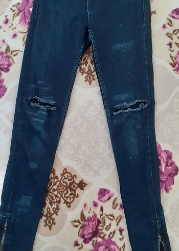 Kadın Mavi Bağlama Desenli Dar Kesim Denim Pantolon