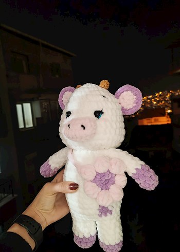 Pastel Renkli Beyaz Peluş İnek Oyuncak - Görsel 2