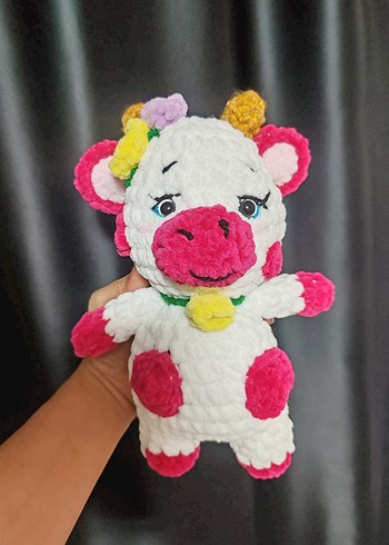 Pastel Renkli Beyaz Peluş İnek Oyuncak - Görsel 7