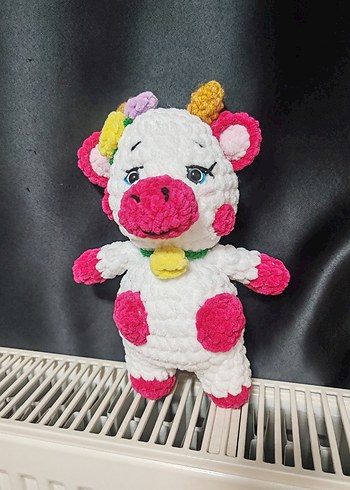 Pastel Renkli Beyaz Peluş İnek Oyuncak - Görsel 6