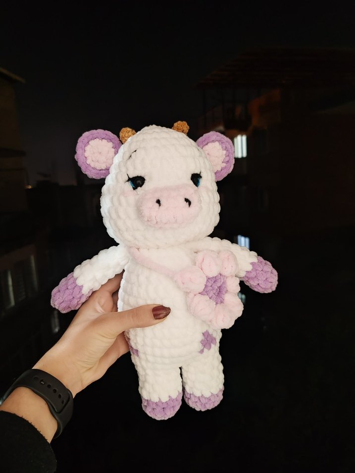 Pastel Renkli Beyaz Peluş İnek Oyuncak - Görsel 3