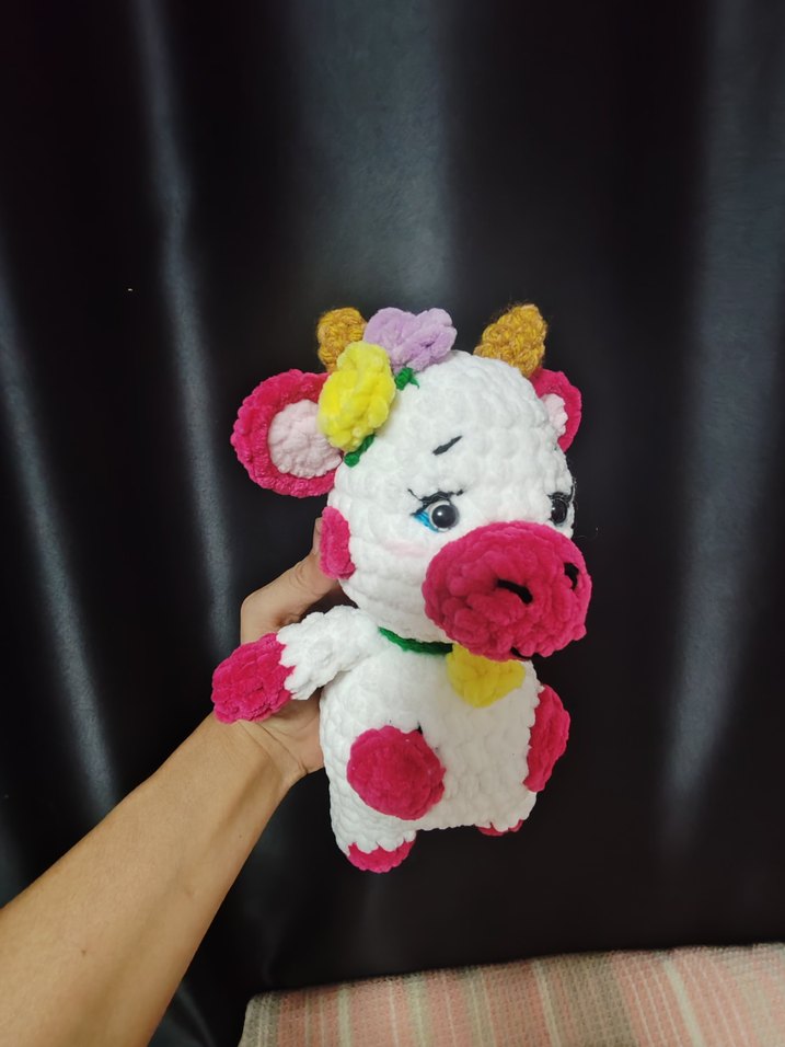 Pastel Renkli Beyaz Peluş İnek Oyuncak - Görsel 4